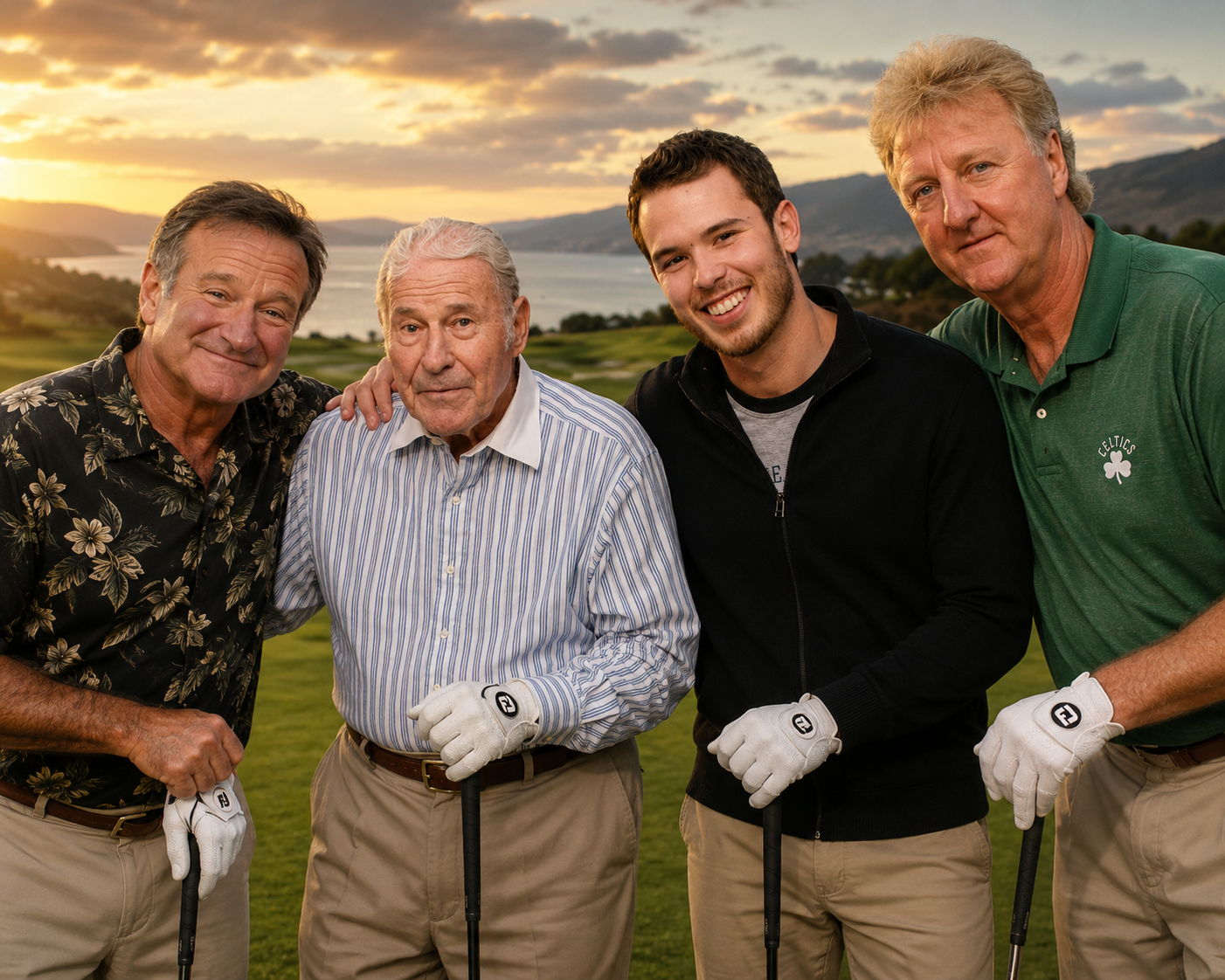 Robin Williams, Papa, Barrett Edri, and Larry Bird at sunset on a coastal course, the perfect Foresome.
